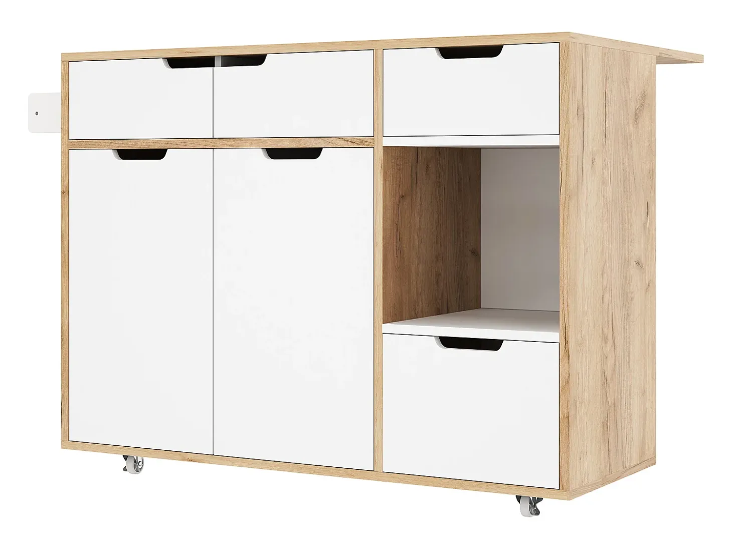 Isla de cocina con ruedas con 3 cajones y 3 puertas - Carrito de servicio moderno blanco y madera