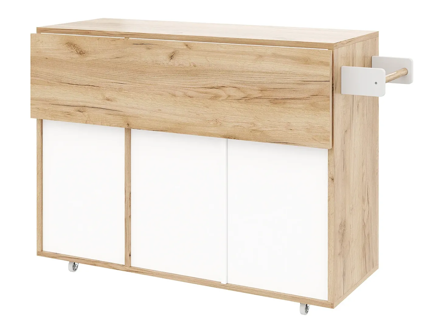 Isla de cocina con ruedas con 3 cajones y 3 puertas - Carrito de servicio moderno blanco y madera