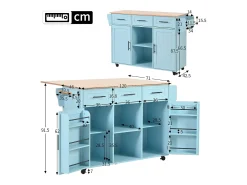 Isla de cocina con ruedas y tablero abatible - 139 x 46 (71) x 91,5 cm - con 2 puertas + 3 cajones + estantes - MDF - azul