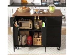 Isla de Cocina con Tablero Retroiluminado, Diseño Moderno, MDF, Negro y Nogal, con 2 Puertas y 3 Cajones (140x45x92,5 cm)