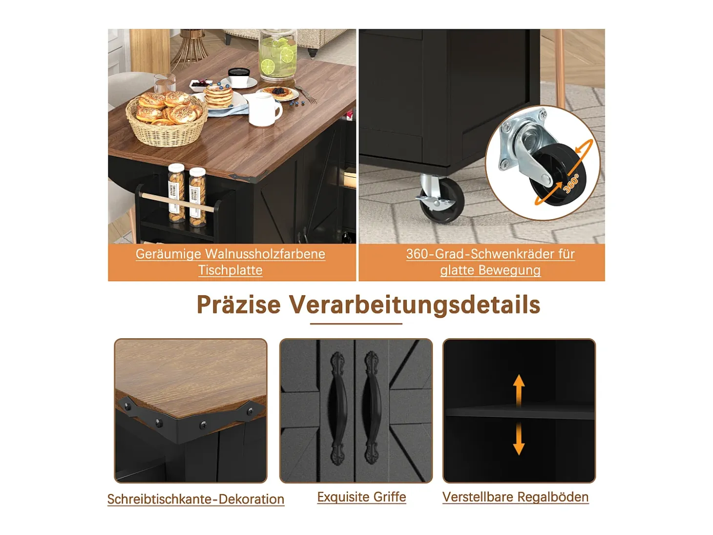 Isla de Cocina con Tablero Retroiluminado, Diseño Moderno, MDF, Negro y Nogal, con 2 Puertas y 3 Cajones (140x45x92,5 cm)