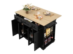 Isla de cocina con tablero abatible, separadores extraíbles, aparador de cristal templado, MDF y metal, color negro y natural (151,5x60x91,7 cm)