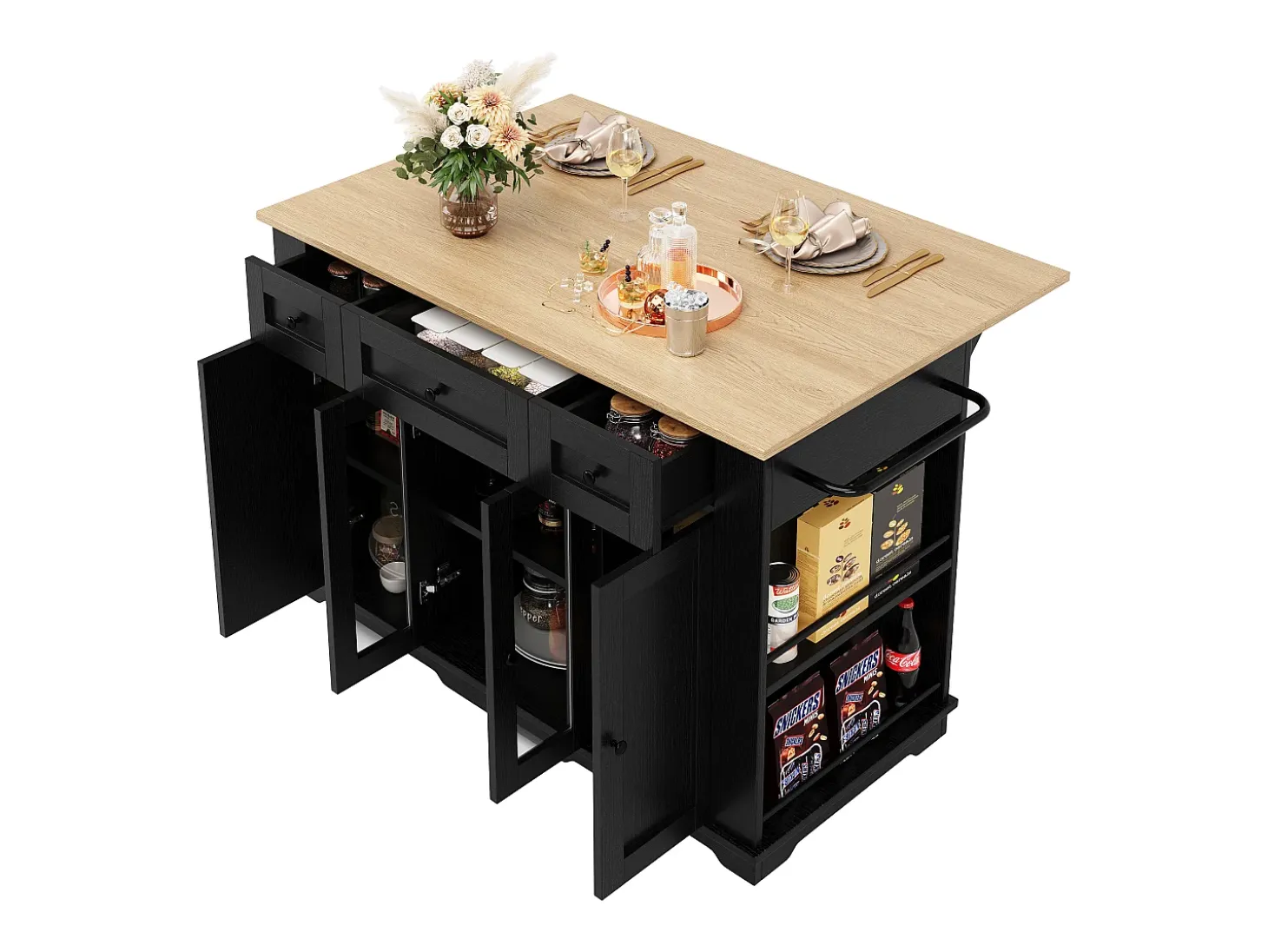 Isla de cocina con tablero abatible, separadores extraíbles, aparador de cristal templado, MDF y metal, color negro y natural (151,5x60x91,7 cm)