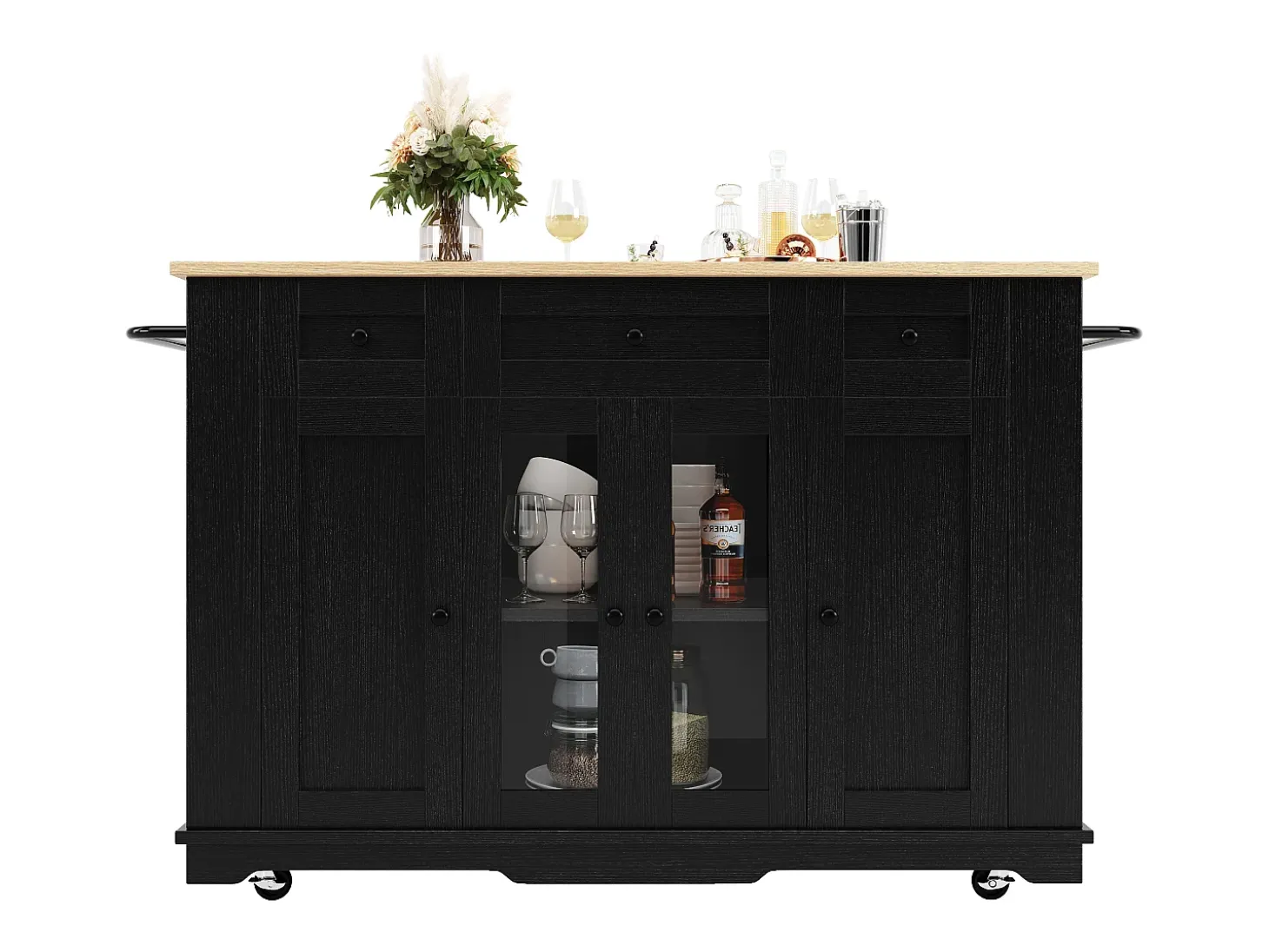 Isla de cocina con tablero abatible, separadores extraíbles, aparador de cristal templado, MDF y metal, color negro y natural (151,5x60x91,7 cm)