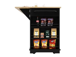Isla de cocina con tablero abatible, separadores extraíbles, aparador de cristal templado, MDF y metal, color negro y natural (151,5x60x91,7 cm)