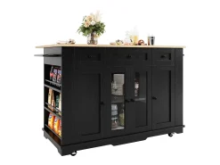 Isla de cocina con tablero abatible, separadores extraíbles, aparador de cristal templado, MDF y metal, color negro y natural (151,5x60x91,7 cm)