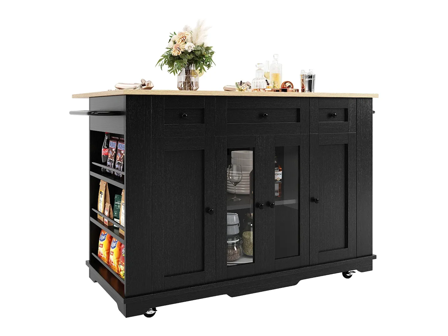 Isla de cocina con tablero abatible, separadores extraíbles, aparador de cristal templado, MDF y metal, color negro y natural (151,5x60x91,7 cm)