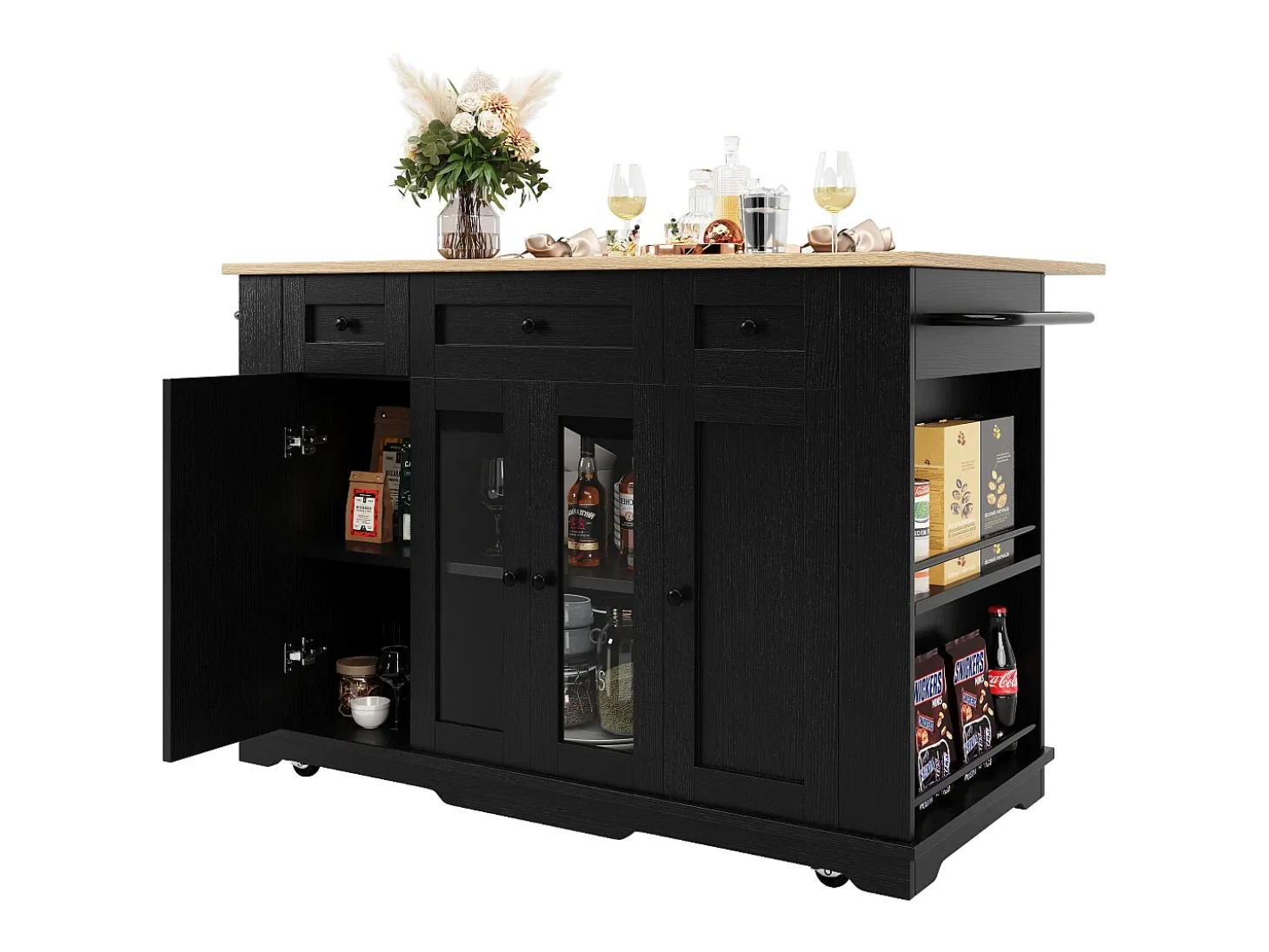 Isla de cocina con tablero abatible, separadores extraíbles, aparador de cristal templado, MDF y metal, color negro y natural (151,5x60x91,7 cm)