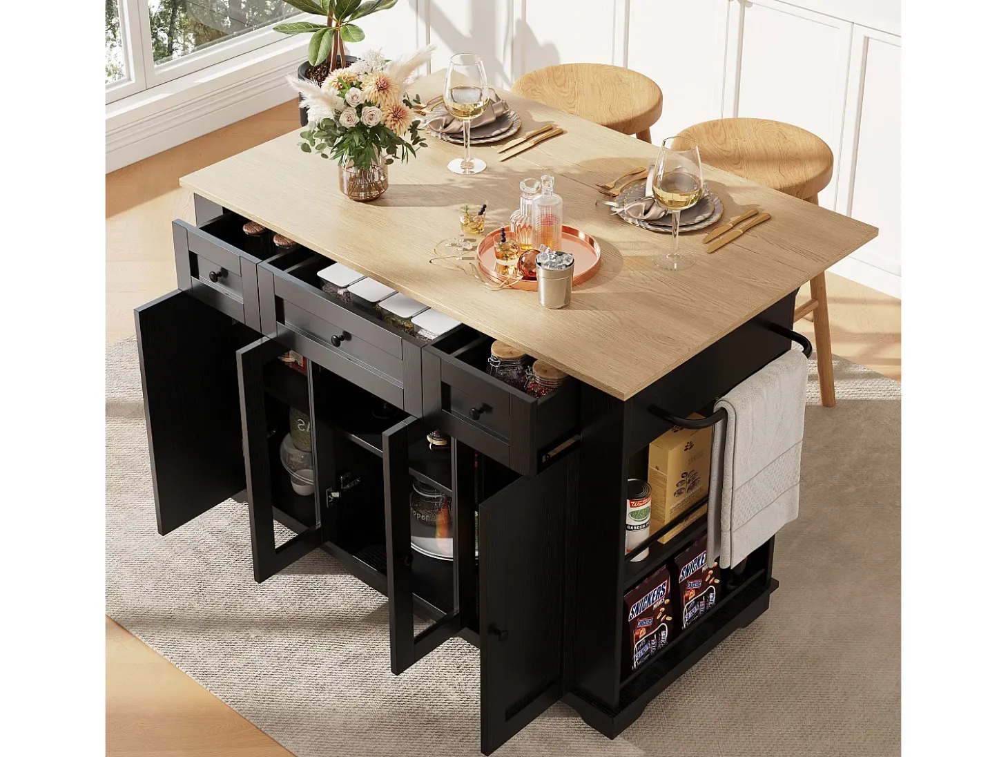 Isla de cocina con tablero abatible, separadores extraíbles, aparador de cristal templado, MDF y metal, color negro y natural (151,5x60x91,7 cm)