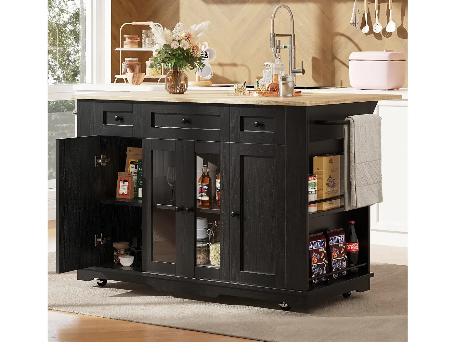 Isla de cocina con tablero abatible, separadores extraíbles, aparador de cristal templado, MDF y metal, color negro y natural (151,5x60x91,7 cm)