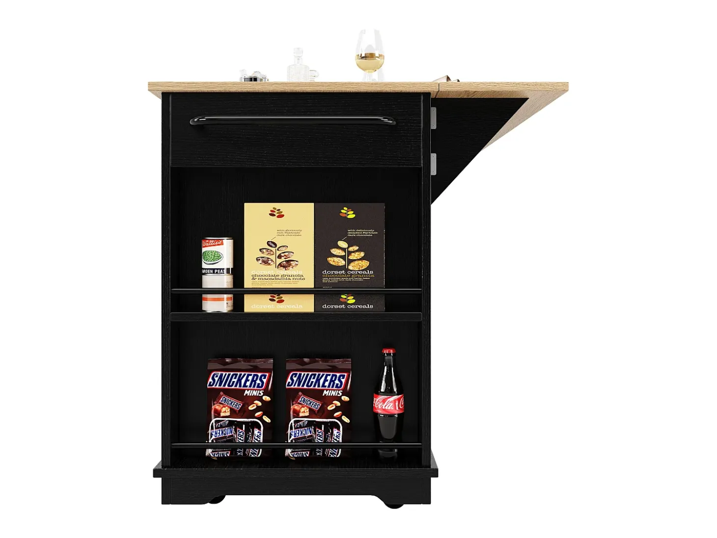 Isla de cocina con tablero abatible, separadores extraíbles, aparador de cristal templado, MDF y metal, color negro y natural (151,5x60x91,7 cm)