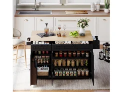 Isla de cocina con tapa plegable, 6 ruedas bloqueables y 2 cajones de almacenamiento - negro