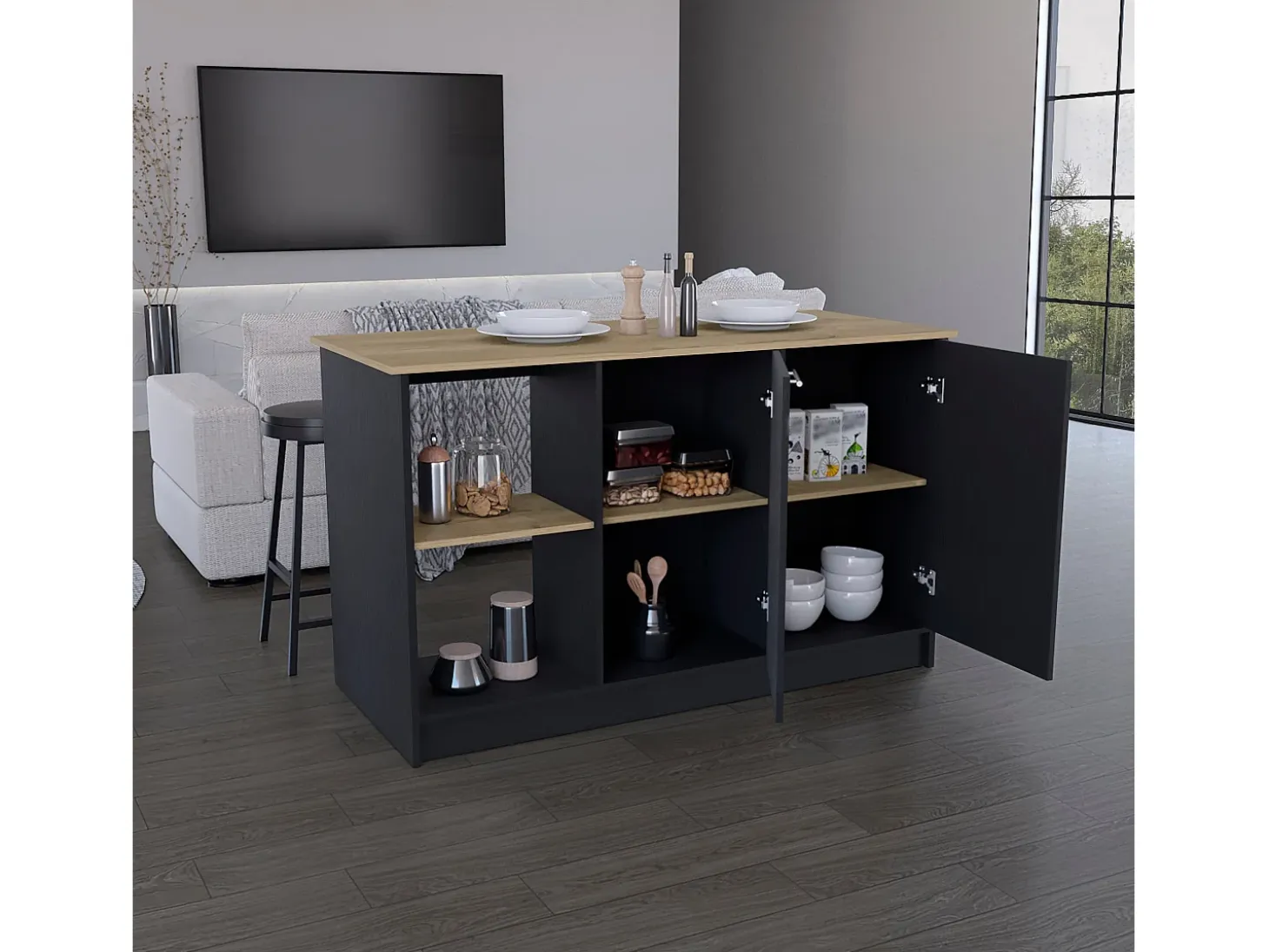 Isla de cocina Enebro en melamina con 2 puertas y 6 estantes , multicolor , 90 cm X 150 cm X 64 cm