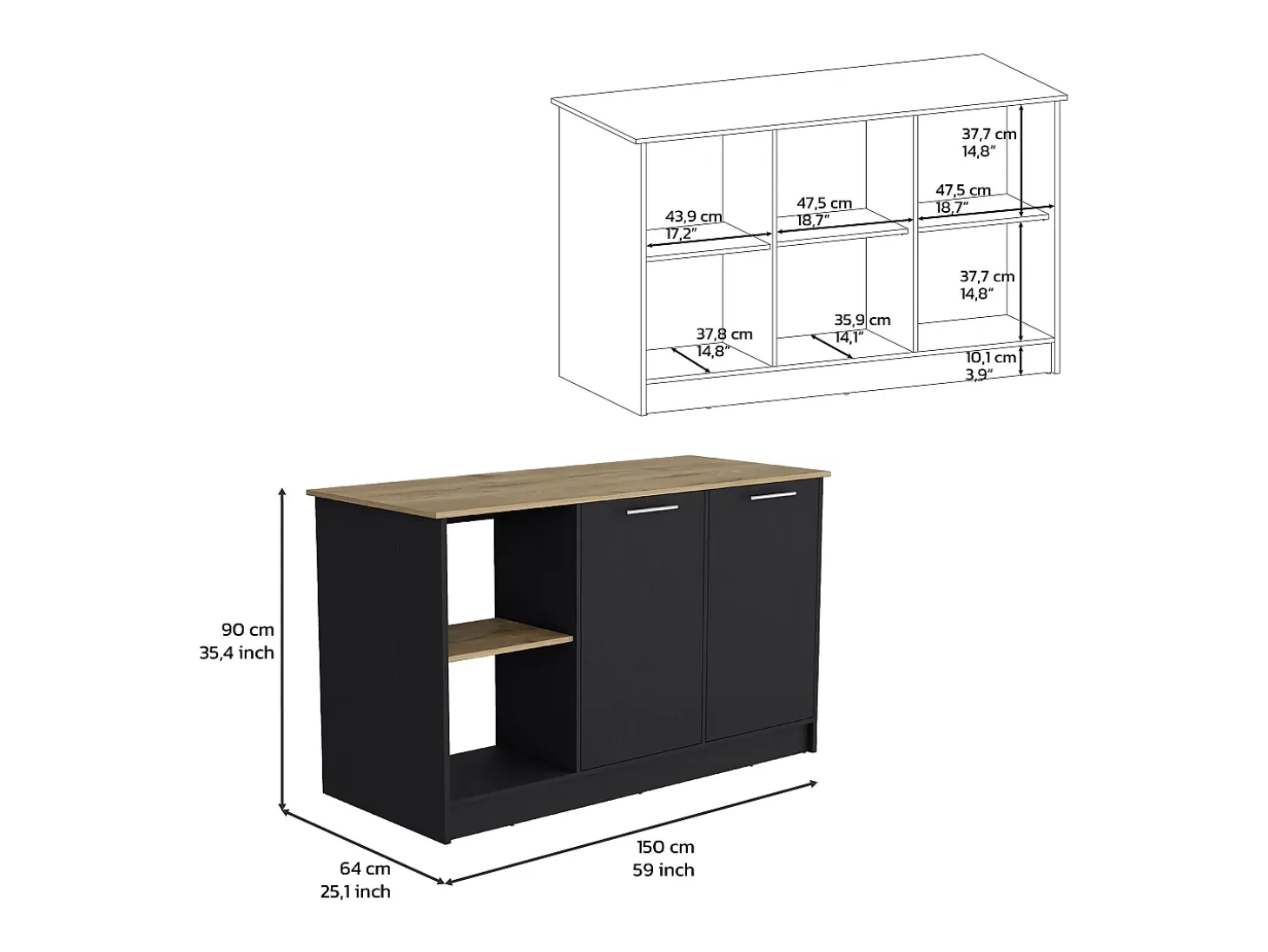 Isla de cocina Enebro en melamina con 2 puertas y 6 estantes , multicolor , 90 cm X 150 cm X 64 cm