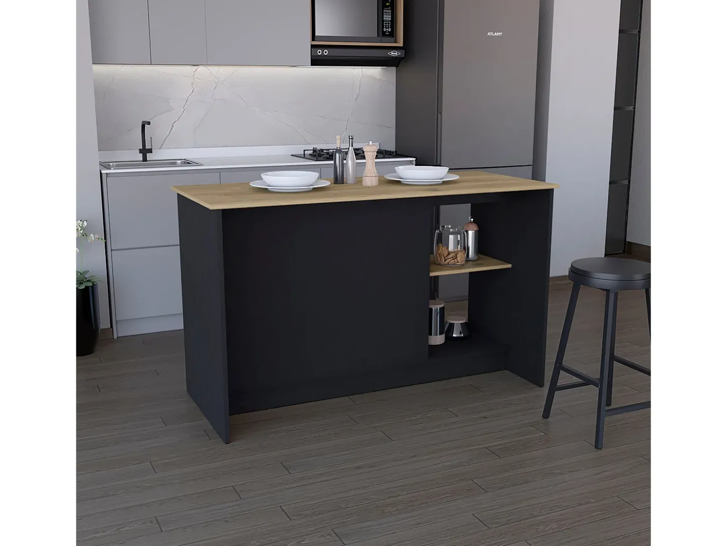 Isla de cocina Enebro en melamina con 2 puertas y 6 estantes , multicolor , 90 cm X 150 cm X 64 cm