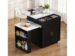 Isla de cocina extensible con ruedas - 125,5 x 71 x 93 cm - con puerta + cajones + LED - MDF - negro