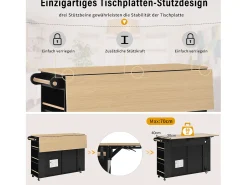 Isla de cocina extensible con ruedas - 120 x 40/70 x 91,5 cm - con 2 cajones + puertas - MDF - negro + natural