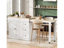 Isla de cocina extensible con ruedas - 112/186,8 x 45 x 93 cm - con estante + 3 cajones + 2 puertas - MDF - blanco