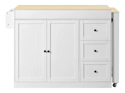 Isla de cocina extensible con ruedas - 112/186,8 x 45 x 93 cm - con estante + 3 cajones + 2 puertas - MDF - blanco