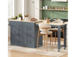 Isla de cocina extensible con ruedas - 112/186,8 x 45 x 93 cm - con estante + 3 cajones + 2 puertas - MDF - gris