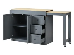 Isla de cocina extensible con ruedas - 112/186,8 x 45 x 93 cm - con estante + 3 cajones + 2 puertas - MDF - gris
