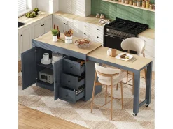 Isla de cocina extensible con ruedas - 112/186,8 x 45 x 93 cm - con estante + 3 cajones + 2 puertas - MDF - gris