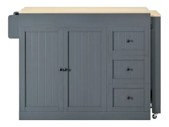 Isla de cocina extensible con ruedas - 112/186,8 x 45 x 93 cm - con estante + 3 cajones + 2 puertas - MDF - gris