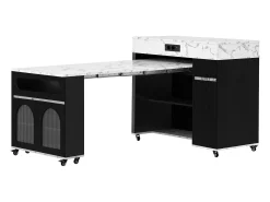 Isla de cocina extensible con ruedas y tablero de cristal - 110,5 x 50,5 x 95,5 cm - con puerta y cajón - MDF + cristal - negro