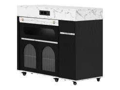 Isla de cocina extensible con ruedas y tablero de cristal - 110,5 x 50,5 x 95,5 cm - con puerta y cajón - MDF + cristal - negro