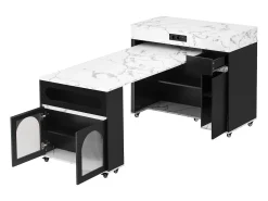 Isla de cocina extensible con ruedas y tablero de cristal - 110,5 x 50,5 x 95,5 cm - con puerta y cajón - MDF + cristal - negro