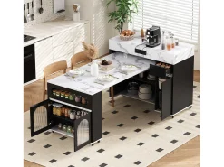 Isla de cocina extensible con ruedas y tablero de cristal - 110,5 x 50,5 x 95,5 cm - con puerta y cajón - MDF + cristal - negro