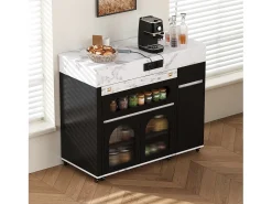 Isla de cocina extensible con ruedas y tablero de cristal - 110,5 x 50,5 x 95,5 cm - con puerta y cajón - MDF + cristal - negro