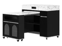 Isla de cocina extensible con ruedas y tablero de cristal - 110,5 x 50,5 x 95,5 cm - con puerta y cajón - MDF + cristal - negro