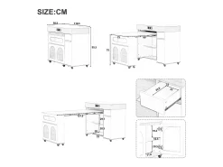 Isla de cocina extensible con ruedas y tablero de cristal - 110,5 x 50,5 x 95,5 cm - con puerta y cajón - MDF + cristal - negro
