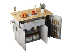 Isla de cocina gris, Isla de cocina móvil con encimera abatible, 3 puertas y 1 cajón - para cocinas y comedores