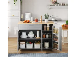 Isla de cocina gris, Isla de cocina móvil con encimera abatible, 3 puertas y 1 cajón - para cocinas y comedores