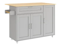 Isla de cocina gris, Isla de cocina móvil con encimera abatible, 3 puertas y 1 cajón - para cocinas y comedores