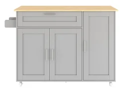 Isla de cocina gris, Isla de cocina móvil con encimera abatible, 3 puertas y 1 cajón - para cocinas y comedores