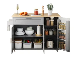 Isla de cocina gris, Isla de cocina móvil con encimera abatible, 3 puertas y 1 cajón - para cocinas y comedores