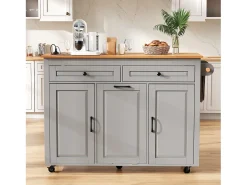 Isla de cocina gris y madera - Con toma de corriente y compartimento para basura - Encimera telescópica