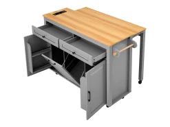 Isla de cocina gris y madera - Con toma de corriente y compartimento para basura - Encimera telescópica