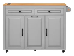 Isla de cocina gris y madera - Con toma de corriente y compartimento para basura - Encimera telescópica