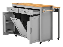 Isla de cocina gris y madera - Con toma de corriente y compartimento para basura - Encimera telescópica