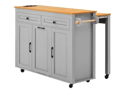 Isla de cocina gris y madera - Con toma de corriente y compartimento para basura - Encimera telescópica