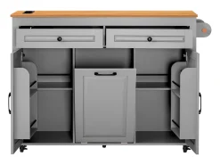 Isla de cocina gris y madera - Con toma de corriente y compartimento para basura - Encimera telescópica