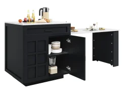 Isla de cocina, mesa de comedor para 4 a 6 personas - 2 cajones, 2 puertas y estantes - 133/202 x 70 x 93,5 cm - MDF - Negro
