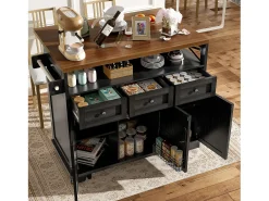 Isla de cocina moderna (118×43-80×98 cm), mueble de cocina con ruedas, separador extraíble, toallero, acabado madera (negro)