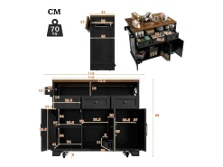 Isla de cocina moderna (118×43-80×98 cm), mueble de cocina con ruedas, separador extraíble, toallero, acabado madera (negro)