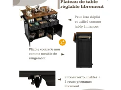 Isla de cocina moderna (118×43-80×98 cm), mueble de cocina con ruedas, separador extraíble, toallero, acabado madera (negro)