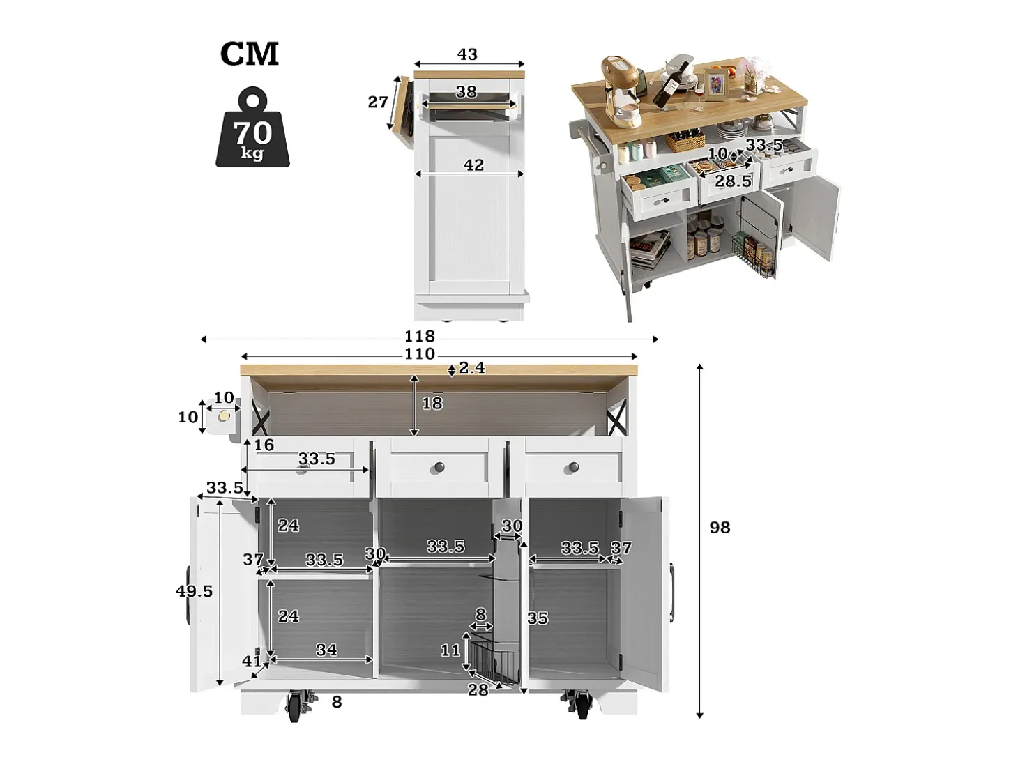 Isla de cocina moderna (118×43×98 cm), mueble de cocina con ruedas, espacio de almacenaje modular, toallero, acabado madera (blanco)